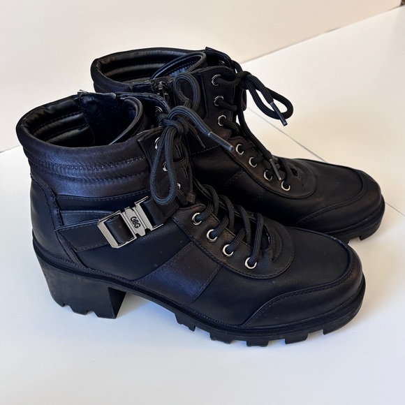 GBG Guess Los Angeles Chunk Heel Gravel 2 Black Combat Boots Zip Lace Womens 9 M - Picture 1 of 13